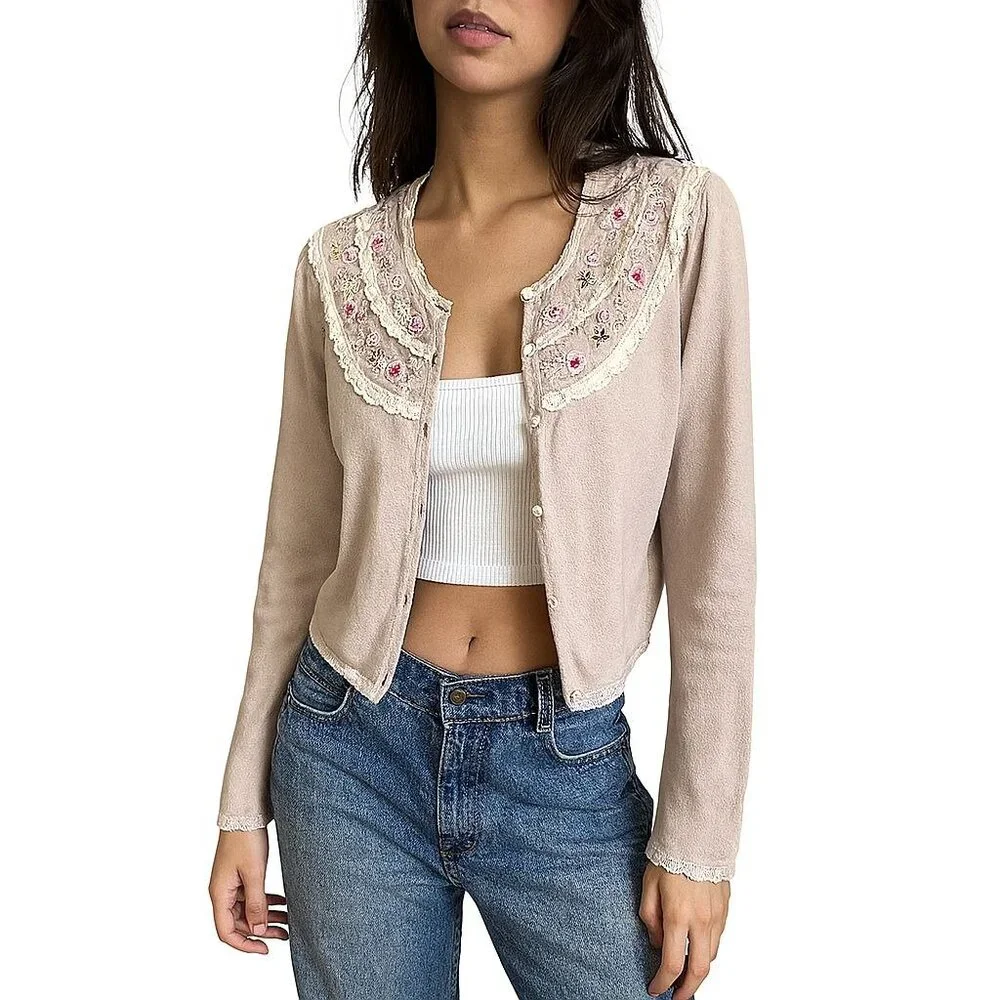 Y2K Coquette Cream Knit Cardigan Top with Floral Beading Pearls Sequins M - Picture 1 of 11